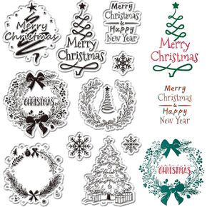 CRASPIRE Merry Christmas Clear Rubber Stamps Greeting Words Snowman Snowflake Holly Xmas Gift Reusable Vintage Transparent Silicone Seal Stamp for Holiday DIY Craft Scrapbooking Journaling Card Making