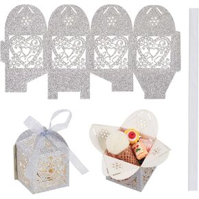Craftdady 10Pcs Red Love Heart Flower Wedding Candy Boxes with Ribbon Laser Cut Paper Hollow Out Floral Favor Boxes Glitter Rectangle Gift Package Boxes for Bridal Shower Party Wedding Decoration