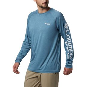 Columbia Men's Terminal Tackle Heather Long Sleeve Shirt, Mint Cay Heather/Collegiate Navy Logo, Small
