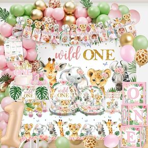 Cocomigo 184pcs Wild One Birthday Decorations, Wild One Party Decorations Include Plate Banner Backdrop Tablecloth Pink Jungle Safari Balloon Arch for First Birthday Decorations for Girl