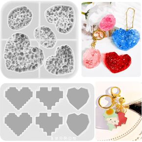 Crystal Cluster Resin Molds, 2PCS Love Heart Crystal Stone & Pixel Hearts Silicone Molds for Resin, Quartz Epoxy Molds for Resin Crafts, DIY Keychain, Home Craft Decor