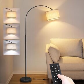 Arc Floor Lamp with Remote, Modern Standing Lamp for Living Room with Stepless Dimmable Bulb, Drum Shade, Foot Switch, Tall Floor Lamp for Farmhouse Bedroom Night Stand (Gold)
