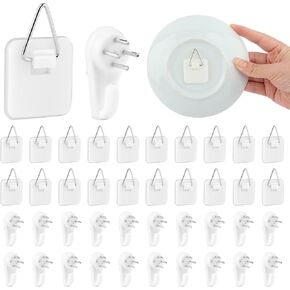 20 Pack Invisible Vertical Plate Holders, Plastic Picture Hanger Sticky Hanger, Adhesive Picture Hanger with Nail Picture Hanging Hooks for Decorative Picture Photo Plate Wall Art