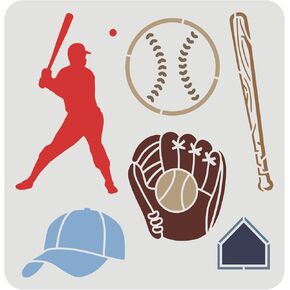 FINGERINSPIRE Baseball Stencils 11.8x11.8 inch Baseball Player Stencil Plastic Baseball Bat, Cap, Glove Pattern Stencils Reusable Baseball Theme Stencils DIY Stencil for Ball Sports Field, Ball Game