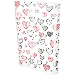 Linelglobal 100 Pack Valentine Bag Bag Blastic Valentines Bag Hage مع مقبض للحفلات Goodie 7.8x11.8 تصميم القلب