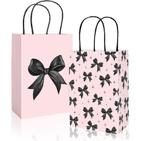JARTHENAAMCS 24PCS أكياس الورق القوس الأسود القوس القوس حقائب معالجة مع مقابض الحلوى الوردية حقائب جيدة للبقالة لأكياس التسوق Coquette Favors Favors Suppors