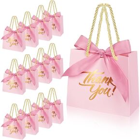 Nimbbex 50Pack Small Thank You Bags with Handles, Party Favor Bags 5.5x2.3x4.7 Inches Small Pink Gift Bags with Handles, Mini Paper Candy Bags with Pink Ribbon for Wedding Baby Shower Birthday