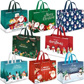 TranquilBliss 8PCS Christmas Gift Bags, Reusable Christmas Treat Bags with Handles, Christmas Baskets for Gifts Empty, Non-Woven Holiday Gift Bags, Xmas Party Supplies, 12.8"×9.8"×6.7"