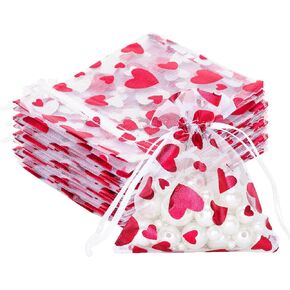 G2PLUS Valentines Gift Bags Organza, 50PCS Drawstring Sheer Organza Gift Bags, 4''x6'' Organza Mesh Jewelry Pouches, Heart Organza Bags, Candy Bags for Christmas, Wedding Party Favors (Pink Gold)