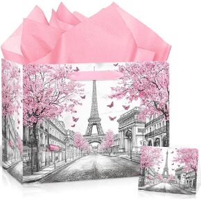 Pink Paris Theme Birthday Gift Bag for Women Girls Baby Shower Eiffel Tower Gift Bag Wrapping Paper Card Cherry Blossom Flower Large Gifts Bag for Baby Shower Paris Birthday Party Favors Supplies