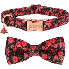 ADOGGYGO Floral Dog Collar with Bow, Red Rose Flower Dog Bowtie Collar with Metal Buckle, Adjustable Pet Floral Collars for Small Dogs (Small)