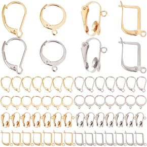SUNNYCLUE 1 Box 72Pcs Leverback Earring Hooks Silver Clip on Earring Convert Round French Huggie Stainless Steel Ear Wires Clips Gold Earrings Findings Set for Jewelry Making Supplies DIY Crafts Women