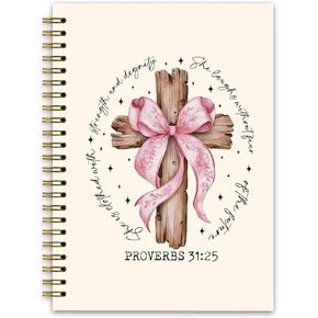 Christian Bible Verse PROVERBS 31:25 Spiral Notebook, Coquette Pink Bow Notebook Journal, Christian Gifts for Women, Bible Notebooks for Note Taking, College Ruled Spiral Notebook 5.5 x 8.3