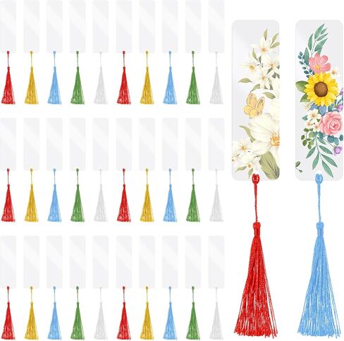 60 PCS Acrylic Borkmark blanks with tassel 30 pcs clear Craft Bookmark 30 pcs tassel contlulful Flugh Rignmark Starmmark Warkers Warkers for DIY Crafts School Gift (4.7 × 1.3inch) in Kuwait
