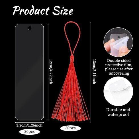 60 PCS Acrylic Borkmark blanks with tassel 30 pcs clear Craft Bookmark 30 pcs tassel contlulful Flugh Rignmark Starmmark Warkers Warkers for DIY Crafts School Gift (4.7 × 1.3inch) in Kuwait