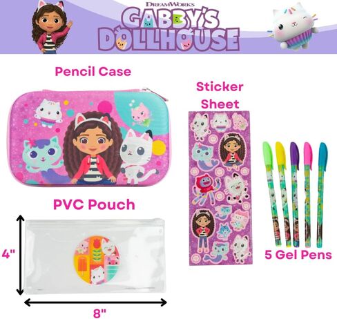 Innovative Designs Gabby’s Dollhouse Pencil Case Set with Stickers and Gel Pens for Kids, Molded with Zip Closure, Purple in Kuwait