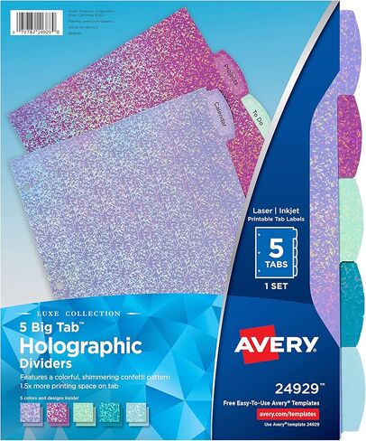 Avery Luxe Collection Holographic Big Tab Fashion Dividers for 3 Ring Binders, 5 Tab Set, Confetti Pattern, 1 Set (24929) in Saudi Arabia