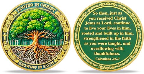 تنمو في الإيمان المسيحي التحدي العملة | "الجذور في المسيح" الرمز المميز الديني والميداليات | Colossians 2: 6-7 Chip Asy Bible Chip للدراسة | الهدايا الدينية والمسيحية المثالية للرجال والنساء in Kuwait