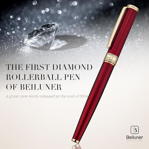 BEILUNER Silver Chrome Rollerball Pen, Diamond-Studded Cap Design, 24K Gold Trim, Noble and Elegant, Schneider Ink Refill, Best Pen Gift Set for Women & Men, Professional, Business Office, Nice Pens in Saudi Arabia