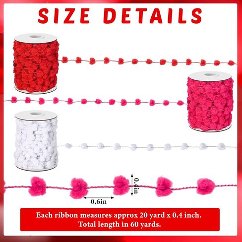 60 Yards 3 Rolls Spring Pom Pom Ribbon Fuzzy Wired Trim Ribbon for Spring Gifts Wrapping Crafts Home Wreath DIY Craft Floral Bow in Saudi Arabia