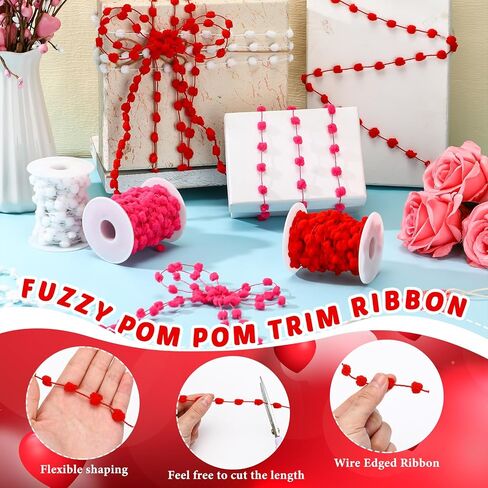 60 Yards 3 Rolls Spring Pom Pom Ribbon Fuzzy Wired Trim Ribbon for Spring Gifts Wrapping Crafts Home Wreath DIY Craft Floral Bow in Saudi Arabia