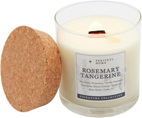 PERIPETI Home Rosemary + Tangerine Scented Candle - Wooden Wick, 8.5oz Natural Soy Wax for Energizing Aromatherapy - Long-Lasting Citrus & Herbal Fragrance for Home or Spa in Saudi Arabia
