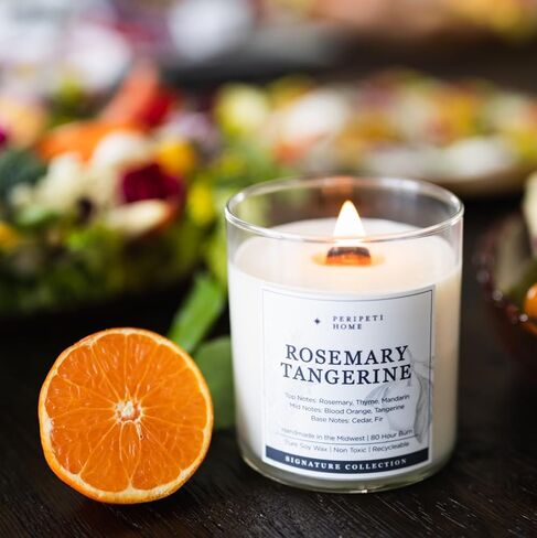 PERIPETI Home Rosemary + Tangerine Scented Candle - Wooden Wick, 8.5oz Natural Soy Wax for Energizing Aromatherapy - Long-Lasting Citrus & Herbal Fragrance for Home or Spa in Saudi Arabia