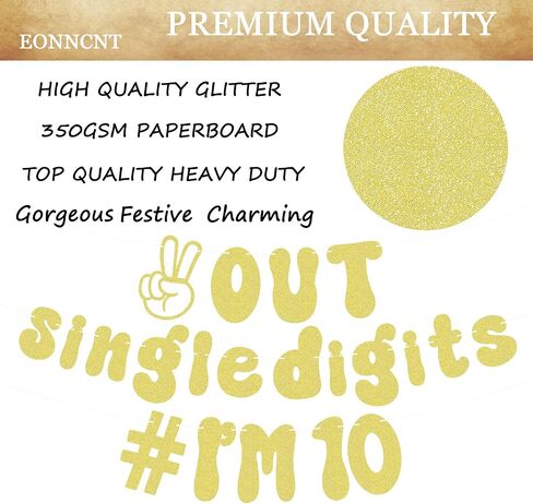 Pre-Strung Out Single Digits I'm 10 Banner - Gold Glitter 10th Birthday Party Decorations Supplies for Boys or Girls, Double Digits 10 Banner, Happy 10th Birthday Banner, Photo Booth Props in Kuwait