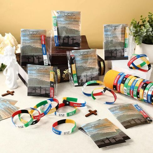 100 Sets Christian Gifts Bulk Salvation Bracelets with Plan of Salvation Cards Religious Silicone Bracelets Christian Bookmarks Gospel Tracts Roman Road to Church Teaching Kit in Saudi Arabia