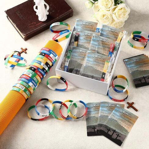 100 Sets Christian Gifts Bulk Salvation Bracelets with Plan of Salvation Cards Religious Silicone Bracelets Christian Bookmarks Gospel Tracts Roman Road to Church Teaching Kit in Saudi Arabia