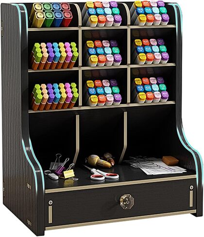 Marbrasse Pen Organizer for Desk，Updated Thicker Wooden DIY Pen Holder with Drawer Desk Stationary Organizer,Art Supply Organizer Storage for Home Office Supplies (Black) in Kuwait