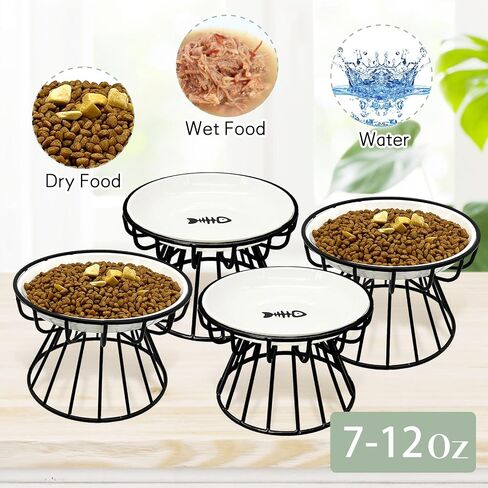 BNOSDM 2 Pcs Raised Cat Food Bowls, Shallow Ceramic Cat Dishes with Metal Stands Elevated Pet Feeder Dry/Wet Food for Indoor Kitten Kitty in Saudi Arabia