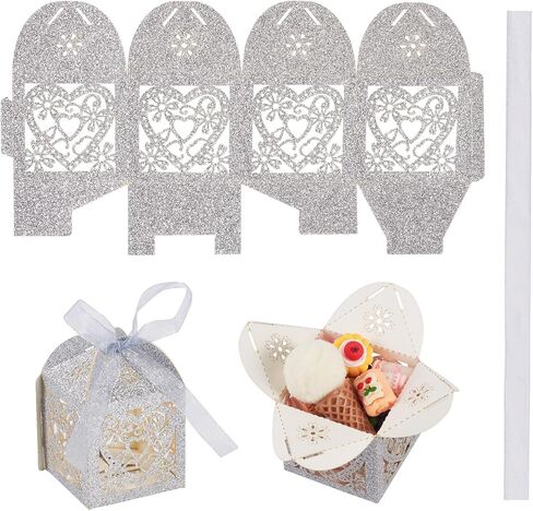 Craftdady 10pcs Red Love Heart Flower Flower Candy Boxes with Ribbon Laser Cut Paper Hollow Out Floral Favor Boxes Glitter Rectangle Home Boxes for Bridal Shower Party Wedding in Kuwait