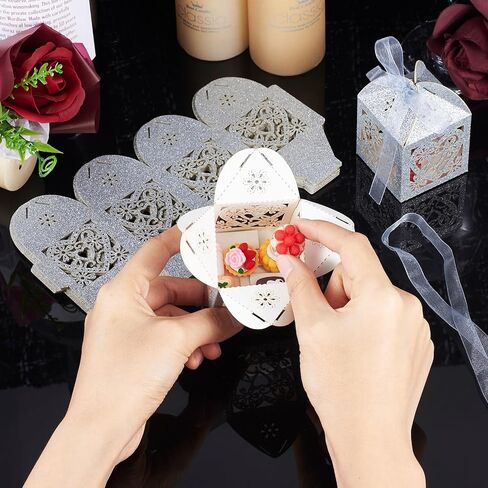 Craftdady 10pcs Red Love Heart Flower Flower Candy Boxes with Ribbon Laser Cut Paper Hollow Out Floral Favor Boxes Glitter Rectangle Home Boxes for Bridal Shower Party Wedding in Kuwait