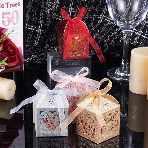 Craftdady 10pcs Red Love Heart Flower Flower Candy Boxes with Ribbon Laser Cut Paper Hollow Out Floral Favor Boxes Glitter Rectangle Home Boxes for Bridal Shower Party Wedding in Kuwait