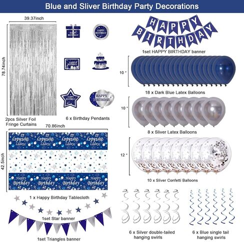 Blue Birthday Decorations for Men, Birthday Party Decorations for Men Women Boys Grils with Bunting Banner, Fringe Curtains, Hanging Swirl, Tablecloth happy birthday decorations Party Decor Suit in Saudi Arabia