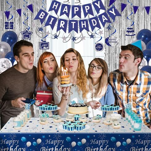Blue Birthday Decorations for Men, Birthday Party Decorations for Men Women Boys Grils with Bunting Banner, Fringe Curtains, Hanging Swirl, Tablecloth happy birthday decorations Party Decor Suit in Saudi Arabia