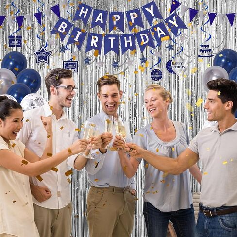 Blue Birthday Decorations for Men, Birthday Party Decorations for Men Women Boys Grils with Bunting Banner, Fringe Curtains, Hanging Swirl, Tablecloth happy birthday decorations Party Decor Suit in Saudi Arabia
