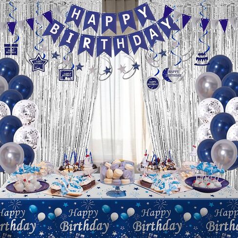 Blue Birthday Decorations for Men, Birthday Party Decorations for Men Women Boys Grils with Bunting Banner, Fringe Curtains, Hanging Swirl, Tablecloth happy birthday decorations Party Decor Suit in Saudi Arabia