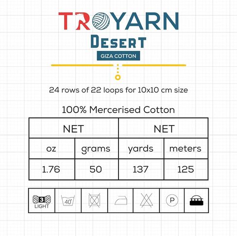 Troyarn Desert Giza Cotton (2- Skeins Pack) 100% Mercerized Giza Cotton Yarn Super Fino Worsted Weight #1 Soft Knitting and Crochet Yarn (2 x 1.76 oz) / (2 x 137 Yds) (11097 - Beige) in Kuwait
