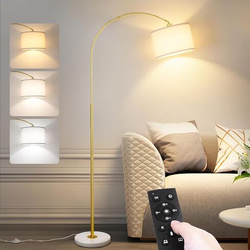 Arc Floor Lamp with Remote, Modern Standing Lamp for Living Room with Stepless Dimmable Bulb, Drum Shade, Foot Switch, Tall Floor Lamp for Farmhouse Bedroom Night Stand (Gold) in Saudi Arabia