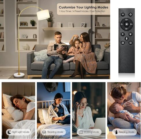 Arc Floor Lamp with Remote, Modern Standing Lamp for Living Room with Stepless Dimmable Bulb, Drum Shade, Foot Switch, Tall Floor Lamp for Farmhouse Bedroom Night Stand (Gold) in Saudi Arabia