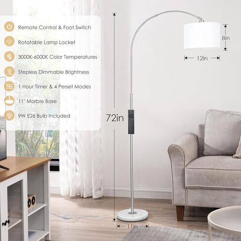 Arc Floor Lamp with Remote, Modern Standing Lamp for Living Room with Stepless Dimmable Bulb, Drum Shade, Foot Switch, Tall Floor Lamp for Farmhouse Bedroom Night Stand (Gold) in Kuwait