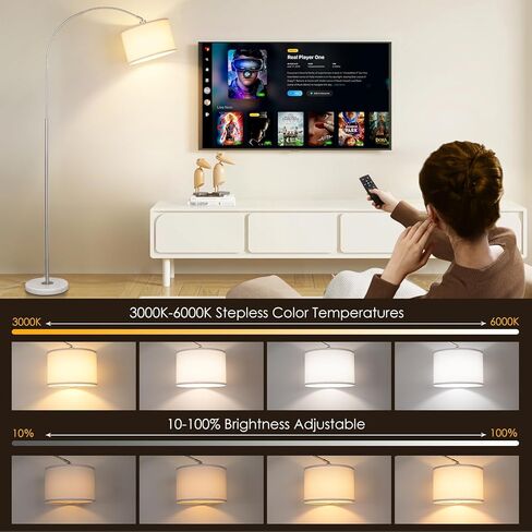 Arc Floor Lamp with Remote, Modern Standing Lamp for Living Room with Stepless Dimmable Bulb, Drum Shade, Foot Switch, Tall Floor Lamp for Farmhouse Bedroom Night Stand (Gold) in Kuwait