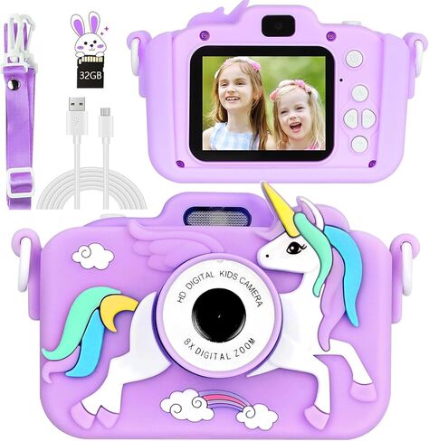 Unicorn Camera for Kids - Toddler Digital Selfie Camera with Silicone Cover, Flash and 32GB SD Card - Children Toy HD Video Kids Camera for Girls and Boys 3-12 Years Old - Blue in Kuwait