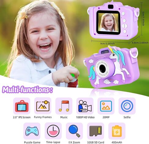 Unicorn Camera for Kids - Toddler Digital Selfie Camera with Silicone Cover, Flash and 32GB SD Card - Children Toy HD Video Kids Camera for Girls and Boys 3-12 Years Old - Blue in Kuwait