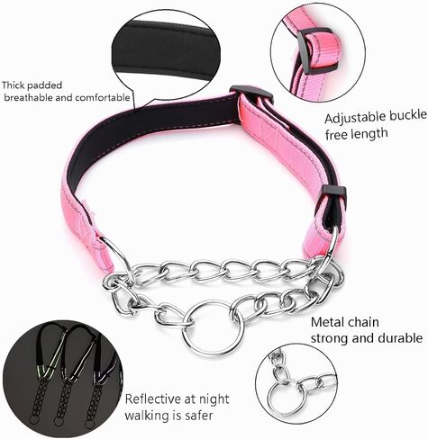 Martingale Dog Collar Wide 2.5CM(0.98inch) Reflective Nylon with Stainless Steel Chain Dog Collar Comfortable Soft M-(doginchs neck15-19inches) in Kuwait