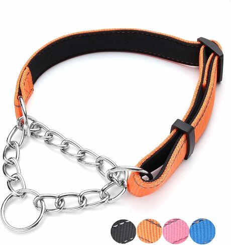 Martingale Dog Collar Wide 2.5CM(0.98inch) Reflective Nylon with Stainless Steel Chain Dog Collar Comfortable Soft M-(doginchs neck15-19inches) in Kuwait