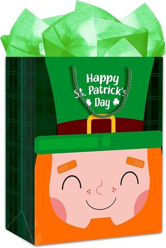 SICOHOME St Patricks Day Gift Bag 11.5"x 9" Green Buffalo Plaid Gift Bags with Tissue Paper, Happy St.Patricks Gift Wrapping Bags for Kids Classroom Party Favor Supplies in Kuwait