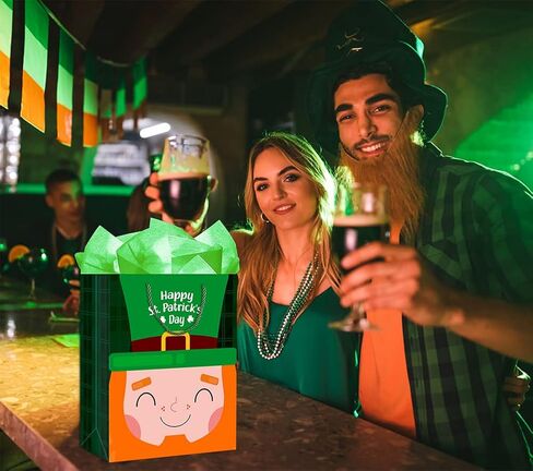 SICOHOME St Patricks Day Gift Bag 11.5"x 9" Green Buffalo Plaid Gift Bags with Tissue Paper, Happy St.Patricks Gift Wrapping Bags for Kids Classroom Party Favor Supplies in Kuwait